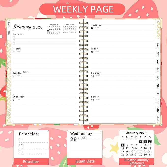 2026 Planner, Jan.2026 - Dec.2026 Planner Weekly and Monthly 6.25"x8.5" with with Page Tabs, Calendar Hardcover with Inner Pocket, Elastic Band, Twin-Wire Binding, Bookmark, Strawberry Flower