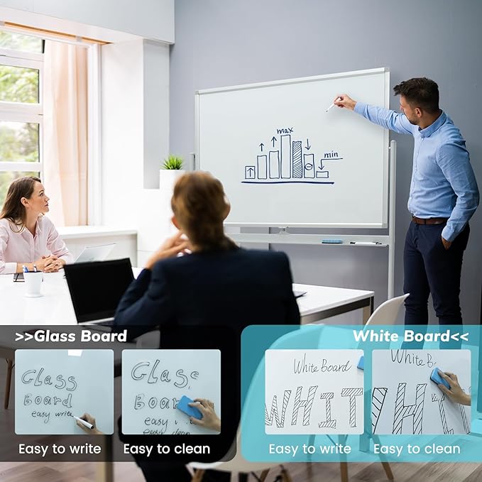 Mobile Glass White Board - Rolling Magnetic Dry Erase Board 48”x36”, Dry-Erase Glass Whiteboard on Wheels, Large Glass Board with Stand for Office, Classroom and Home