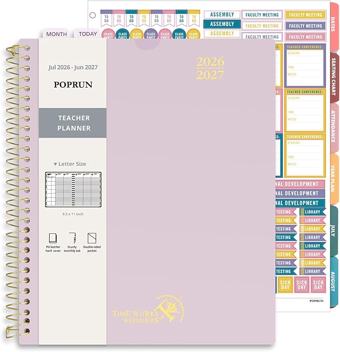 POPRUN Teacher Planner 2026-2027, 8.5" x 11", Academic Lesson Plan Book for Teachers (July 26-June 27) Weekly and Monthly with Gradebook, 2-Sided Pocket, Flexible PP Cover for Classroom, Light Pink