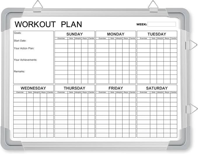 Lincia 16 x 12 Inch Fitness Tracker Whiteboard Workout Calendar for Home Gym Dry Erase Planner Hanging Removable to Do List for Wall Whiteboard with Aluminum Frame for Gym Program(Style D)