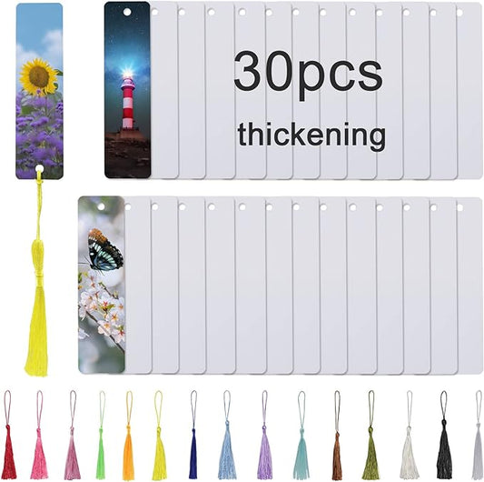 30 Pcs Sublimation Bookmark Blank Heat Transfer Aluminum Metal Bookmarks Bulk DIY Bookmarks with Hole and Colorful Tassels for Crafts,Personalized Tassels Blank Bookmark