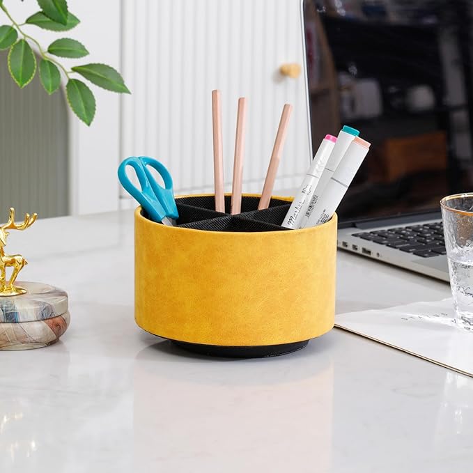 Remote Control Holder For Table, 360 Degree Spinning Desk Organizer For Bedside Night Stand, TV Remote Caddy with 4 Compartments, Office Rotating Pen Holder Yellow PH126