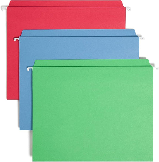 Smead FasTab Hanging File Folder, Straight-Cut Built-in Tab, Letter Size, Assorted Primary Colors, 18 per Box (64100)