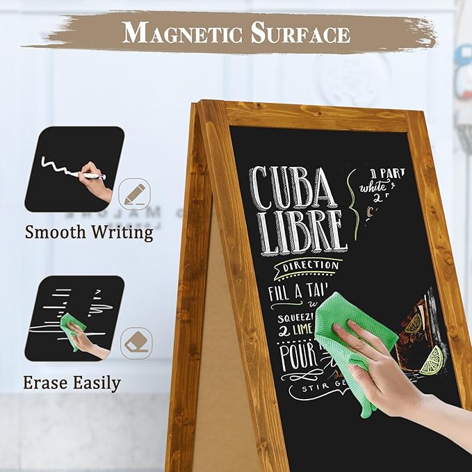 Wooden A-Frame Sign, Magnetic 40" x 20" Yellowish-Brown Chalk Board Sign Board, Double-Sided Sandwich Board Signs Outdoor, Chalkboard Easel, Menu Board for Restaurant, Business or Wedding