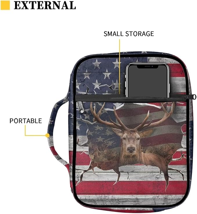 Suobstales 3D Deer American Flag Print Bible Covers for Women Men Bible Case Bible Bag and Tote Bible Accessories with Handle and Zippered Pocket Carrying Book Case