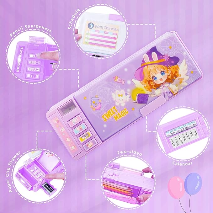 【2Pack】Pop Up Multifunction Pencil Case for Girls and Boys, Cute Cartoon Pen Box Organizer Stationery with Lock, Sharpener, Schedule, Whiteboard, School Supplies, Best Gifts for Kids (Purple+Pink)