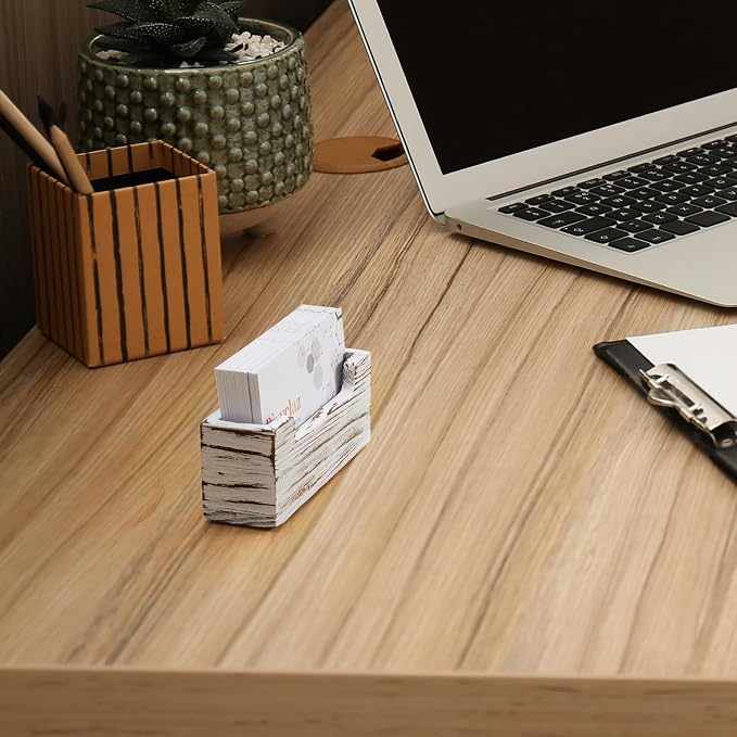 Bivvclaz Business Card Holder Desk, White Washed Wood Business Card Organizer Desktop Business Card Display Stand for Office Tabletop Exhibition, Small Business Essentials