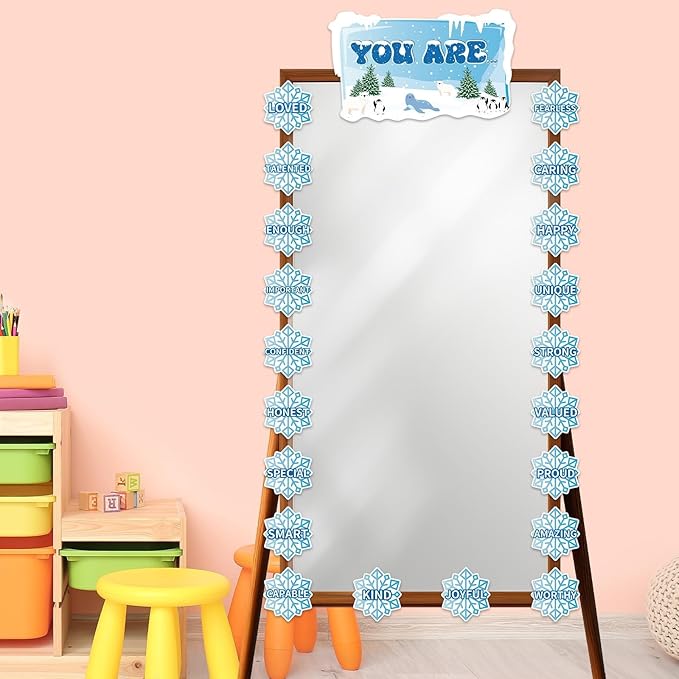 Winter Affirmation Station Bulletin Board Door Decoration Winter Snowflake Classroom Decor Christmas Motivational Positive Cutout Classroom Mirror Growth Mindset Decor for School Home Door Wall Supply