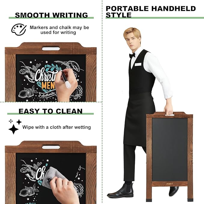 Magnetic Sandwich A-Frame Chalkboard Sign - 40 x 20 Inches, Brown Large Wooden Chalk Board for Sidewalk, Stand up Double-Sided Outdoor Easel Display for Restaurant Cafe Shop Wedding Party or Business