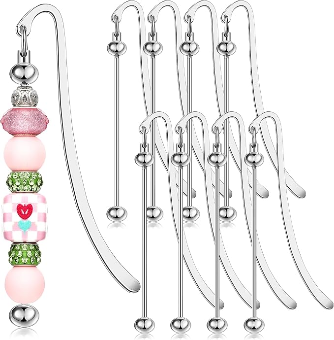 Dunzoom 8 Pcs Beadable Bookmarks DIY Metal Blank Bar Bookmark for Beads Modern Beaded Craft Jewelry Pendant Charm Gift for Book Lovers Student Teacher Office Supplies(Silver)