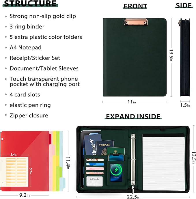 Ospelelf Leather Clipboard with Storage, Zippered Padfolio Portfolio Organizer, 3 Ring Binder 1 Inch, Notepad, Tablet Sleeve, 5 Dividers with Pocket for Office, Nurses,Students, Teachers Green