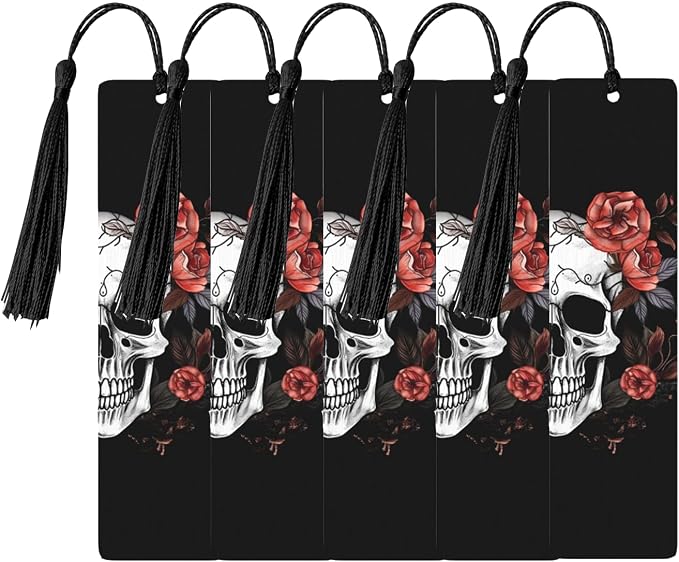Skull and Flowers Double-Sided Printed Wooden Bookmarks 5Pcs, Cool Notebook Accessories Birthday Presents for Men Women Presents for Book Lovers (5 Piece Set)