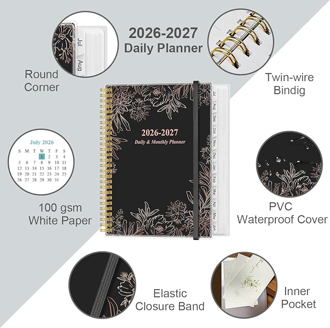 Daily Planner 2026-2027 Full Page Per Day- 2026-2027 Daily & Monthly Planner from July 2026 to June 2027, Day Planner 2026-27 with 12 Months Tabs, 8.5" x 11", Black Flowers