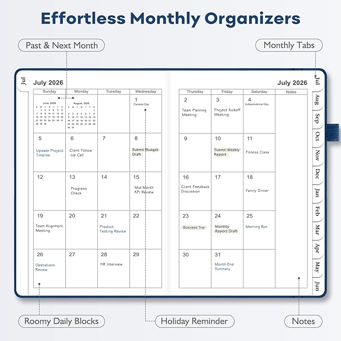 OMEYA Leather Academic Planner 2026-2027: A5 Navy Blue Business Weekly & Monthly Planner for Work, July 2026 – June 2027, 100gsm Thick Paper, Durable Stitched Binding, Tabs, Pen Loop, Pocket