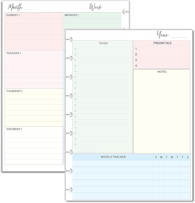 Weekly Planner Inserts – Undated Weekly Calendar Planner Refills for 9-Disc Medium Planners (7 x 9.25 Inch) | Fits 9 Disc Medium Size Planners