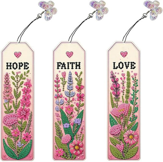 ARTopet 3Pcs DIY Diamond Art Painting Bookmarks with Colorful Butterfly Pendant PET Bookmark Ornament Double Sided Pattern Single Sided Diamond Book Marker Clip Gifts Tags-Flowers02