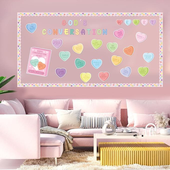 135Pcs Valentine’s Day Conversation Heart Bulletin Board Decoration Candy Heart Cutouts Border Trim Jesus Religious Sunday School Classroom Wall Decors for Chalkboard Valentines Party Supplies