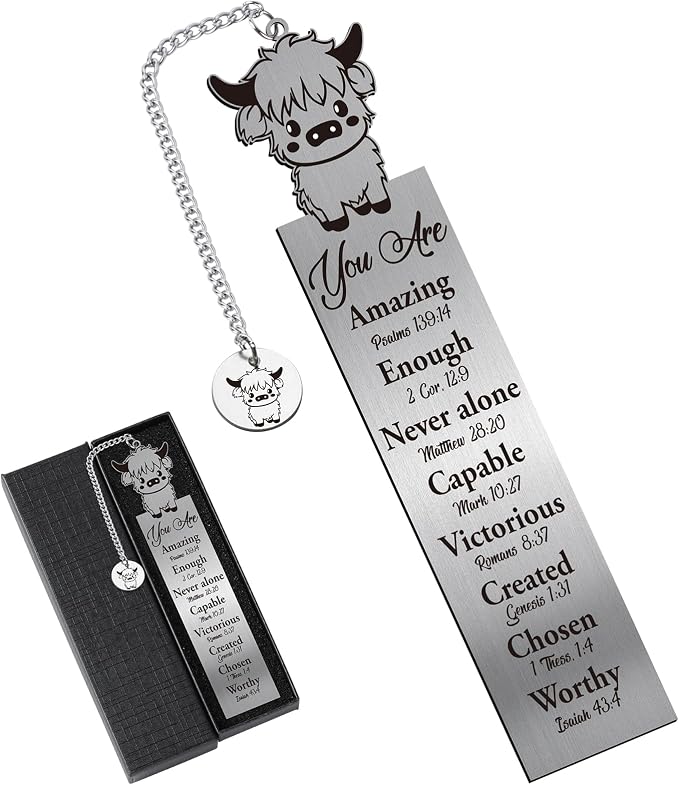 Bible Verse Bookmark Gifts - Highland Cow Lover Christian Metal Book Marks Women Inspirational Mental Animal Page Marker Study Supplies Reading Men Kids Student Teacher School Accessories