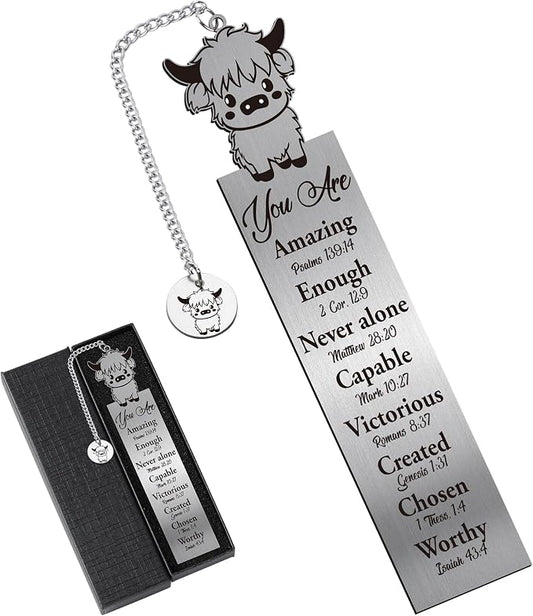Bible Verse Bookmark Gifts - Highland Cow Lover Christian Metal Book Marks Women Inspirational Mental Animal Page Marker Study Supplies Reading Men Kids Student Teacher School Accessories