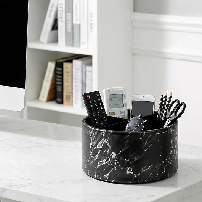 Remote Control Holder, 360°Spinning PU Leather Desk TV Remote Caddy,Desk Storage Box Room Accessories for Controller, Media,Mail,Calculator, Mobile Phone,Pencil(1-Big Marble Black)