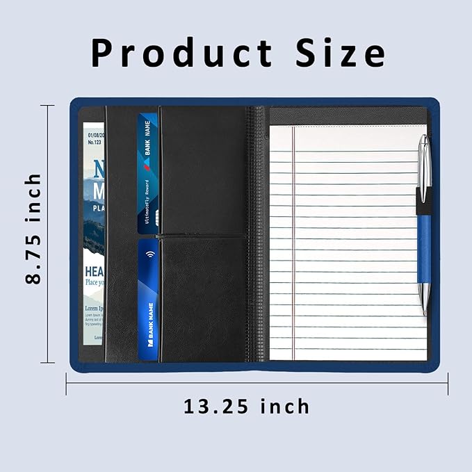 A5 Padfolio Business Portfolio Folder,Junior Size Document Folder Organizer, Padfolio with Interior Pocket and Pen Loop, 5 x 8 Writing Pad Included, Navy Blue