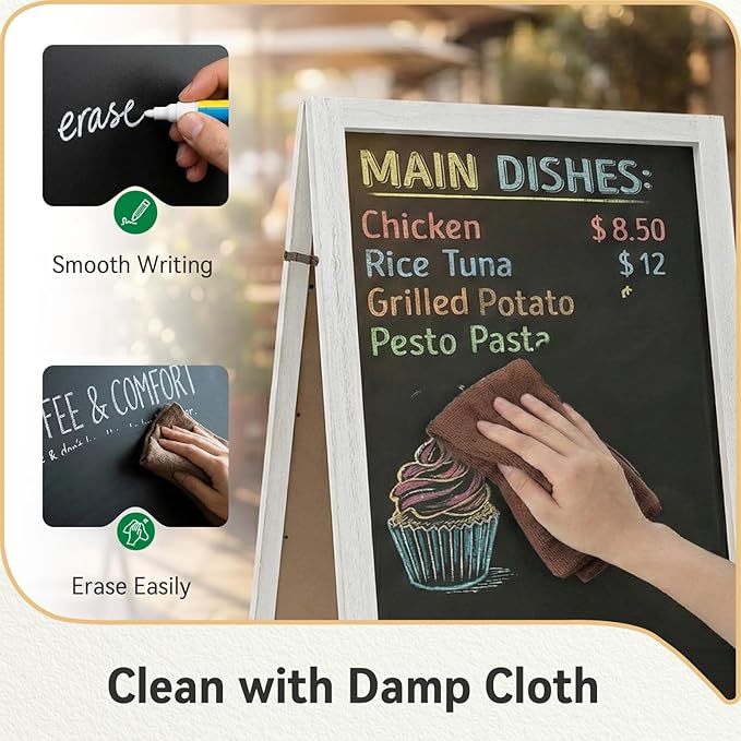 TEAKMAMA Extra Large Wooden 40x22 Chalkboard, Double-Sided Sidewalk A Frame Chalkboard Sign, Sturdy Sandwich Board for Restaurant, Business or Wedding,White