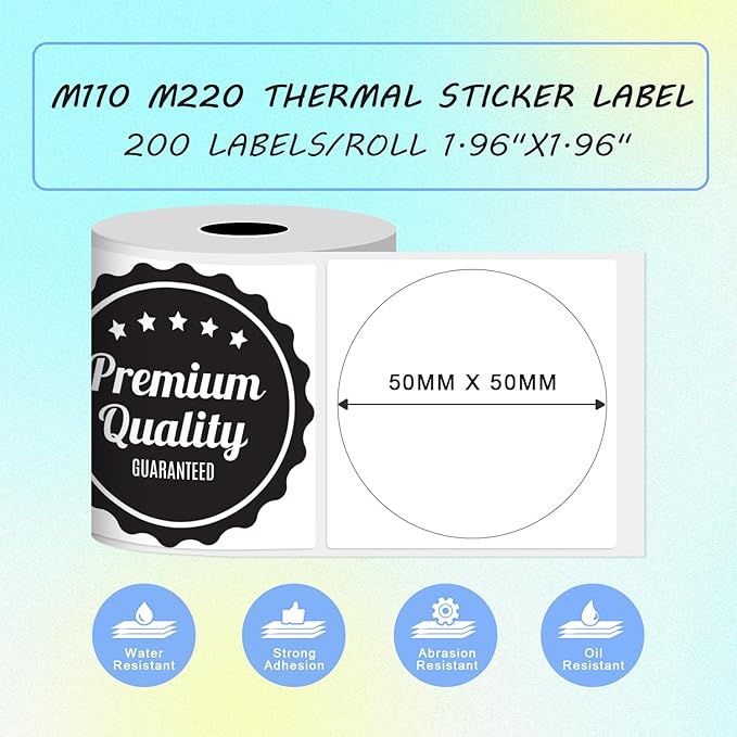 Round Circle Thermal Label Compatible with Phomemo M100/M110/M150/M221/M220/M120/M200/M250 Label Printer,1.96" x 1.96"（50x50 mm, 200 Labels/Roll, Black on White