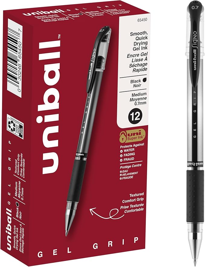 uniball Gel Grip Gel Pens, Medium Point (0.7mm), Black, 12 Pack
