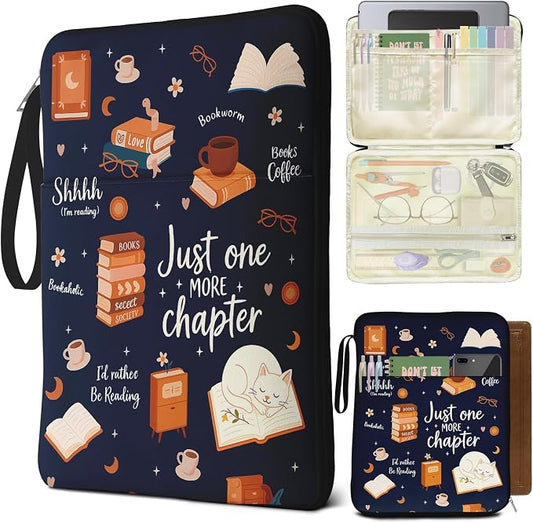 Book Sleeve for Book Lovers,Just One More Chapter Waterproof PU Leather Travel Book Carrying Case,Book Pouch with Zipper,Cute Cat Book Portable Book Protector Cover Bag for Hardcover Paperbacks Gift