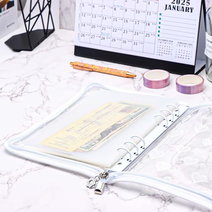 Mogoostry A5 Zippered Binder Cover Clear PVC Zipper Binder Folder Lace Decor 6-Ring Loose-Leaf Notebook Planner Organizer (White)