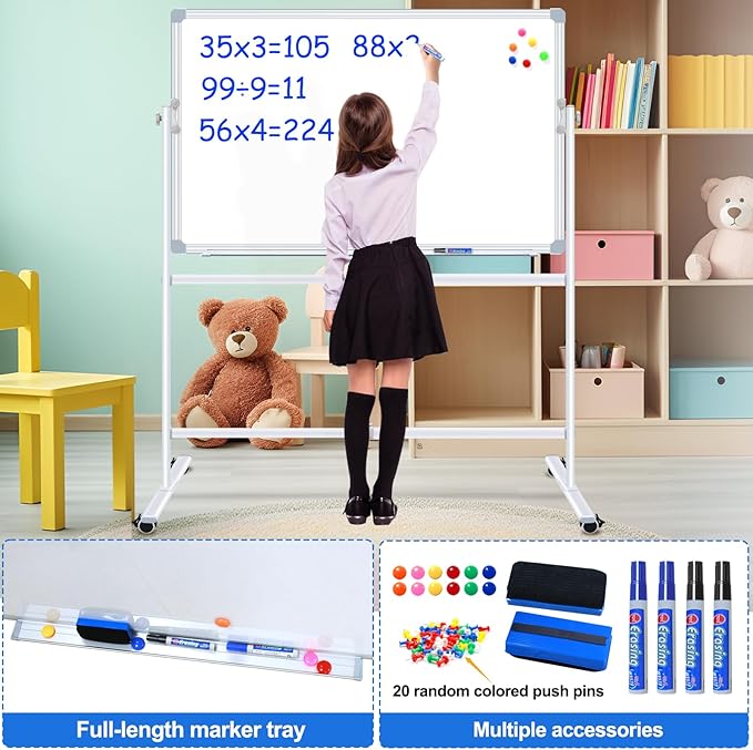 Max-officoo Double-Sided Whiteboard and Corkboard with Rolling Stand 36"x24" Mobile Magnetic Dry Erase Board on Wheels, Adjustable Height & Angle Standing Boards for Office, School, Home
