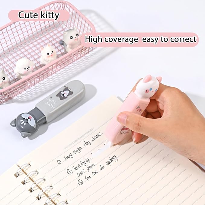 Cute Cat Correction Tape,3-Count Pack of Correction Tape, Easy to Use Applicator with Tear-Resistant Tape for Office or School Supplies (kawaii)