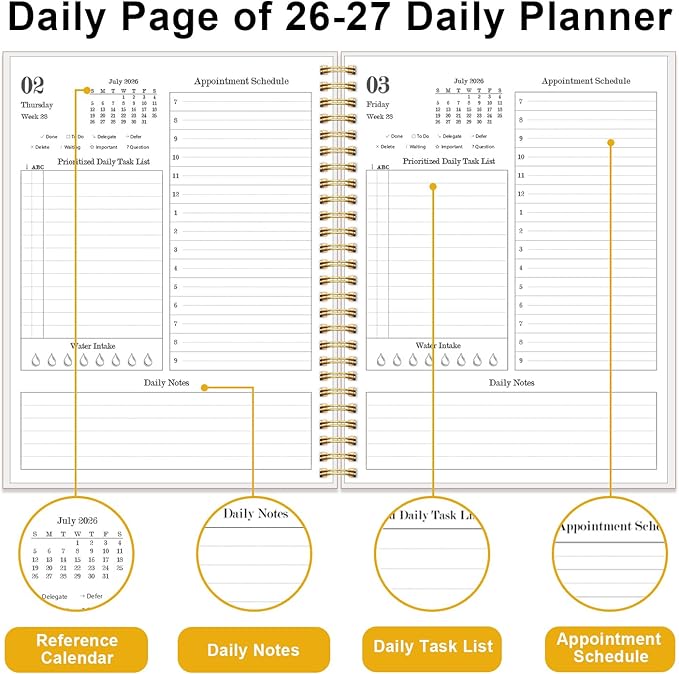 2026-2027 Daily & Monthly Planner Calendar - Daily Planner Calendar One Page Per Day from July 2026 to June 2027, Flexible Cover, 7" x 10", Storage Pocket, White Gold Flower