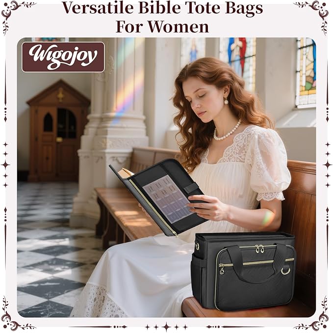 Large Bible Cover Case for Women, Bible Cover with Book Sleeve, Thick Padded Bible Case, Working Bible Tote Bag with Laptop and Bottle Pockets, Church Bag, Bible Bags for Women, Girl, Black