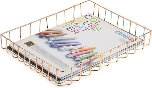 BTSKY Multipurpose A4 File Tray Wire Desk Tray Organizer Elegant Letter Size Desk Documents Trays Magazine Files Storage Basket Organizer Bin for Office Cosmetics Bathroom(Rose Gold)