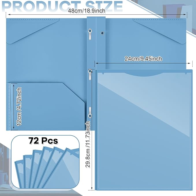 Henoyso 72 Pcs Plastic Folder with Clear Front Pocket and 3 Prong Plastic Folders with Card Slot Pocket Folders with Prongs for School Office (Haze Blue)
