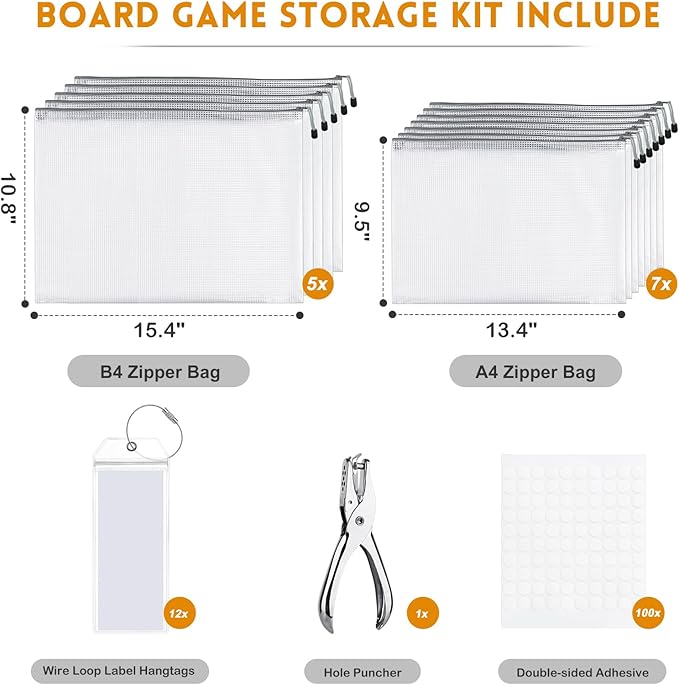Lukeline Board Game Storage Kit with 12 Sets of Zipper Pouch Bags and Sorting Label Tabs, Board Game Organizer and storage for Board Games, Bricks, Puzzles, Toys, Craft Projects, School Supplies