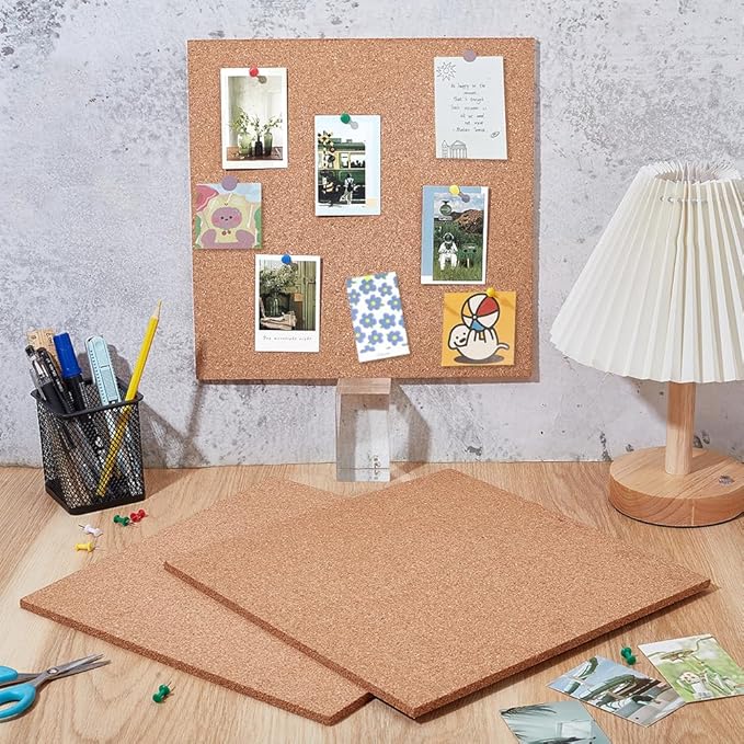 BENECREAT 4 Pcs Cork Sheets, 11.7x11.7 Inch Square Cork Board Tiles for Bulletin Boards, Wall Decorations and DIY Crafts(7mm Thick)