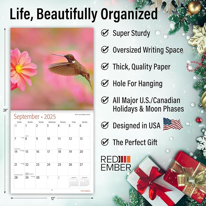 RED EMBER Hummingbirds 2025 Wall Calendar 12 Month | 12" x 24" Open | Thick & Sturdy Paper | Giftable | Calendar 2025