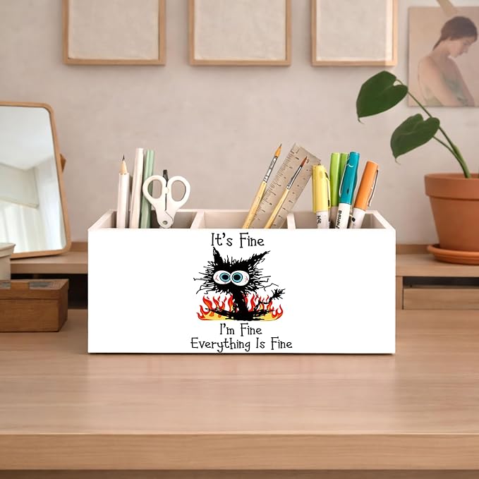 Funny Cat Pen Holder, Inch Desk Organizer, “It’s Fine, I’m Fine” Cat Illustration, Cute Desk Storage for Pens, Pencils, Scissors – Unique Gift for Cat Lovers, Teens, Students