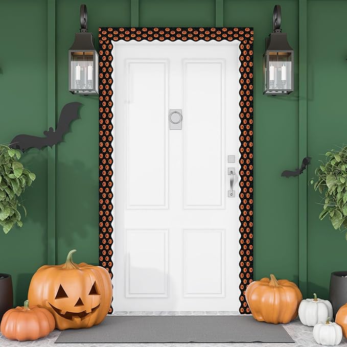 Whaline 69Ft Halloween Bulletin Board Borders Glitter Orange Black Decoration Borders Pumpkin Stripe Dot Trim Border Bulletin Board Stickers for School Classroom Office Halloween Party Decoration