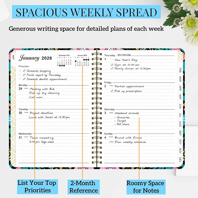 2026 Planner Weekly and Monthly,From Jan to Dec 2026,A5 Hardcover Academic Appointment Book with Tabs,100GSM Thick Paper,Back Pocket & Bookmark Ruler,Cute Floral Agenda for Women Teachers Students