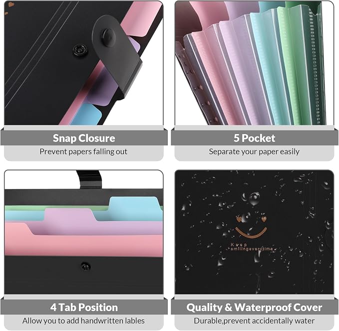 SKYDUE Expanding File Folder with 5 Pockets, Cute Accordion File Organizer, Letter Size Filing Folder, Portable Paper Organizer, School Office Supplies Black