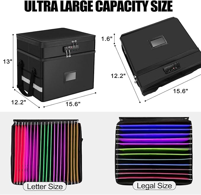 2 Layer Fireproof Document Box with Lock, File Box Water-Resistant File Organizer File Cabinet, Portable File Organizer Document Safe for Home Office Letter Legal Folder (Black)