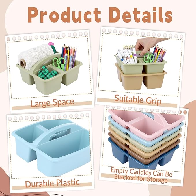 gisgfim 6 Pack Classroom Caddy with Handle Plastic Storage Caddy Organizer with 3 Compartments Desk Caddies Holder Portable Storage Bin for Pencil, Crayon, Marker, Home, Office, School Supply(Retro)