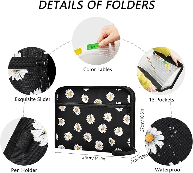 Expanding File Folder White Daisy Flower Black Accordion File Organizer 13 Pockets Document Organizer with Zipper Labels A4 Letter Office Storage