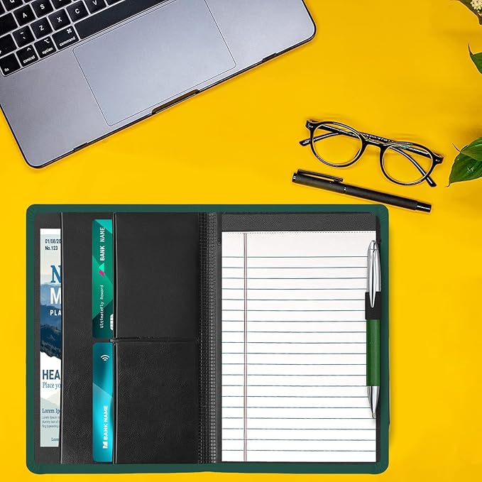 A5 Padfolio Business Portfolio Folder,Junior Size Document Folder Organizer, Padfolio with Interior Pocket and Pen Loop, 5 x 8 Writing Pad Included, Dark Green