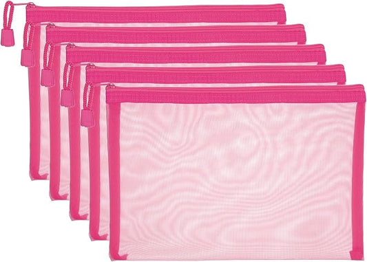 PATIKIL A5 Mesh Zipper Pouch Bags, 5 PCS Mesh Bags with Zipper Plastic Storage Pocket for Organizing File Beads Office Home Supplies, 18x25cm, Rose Red