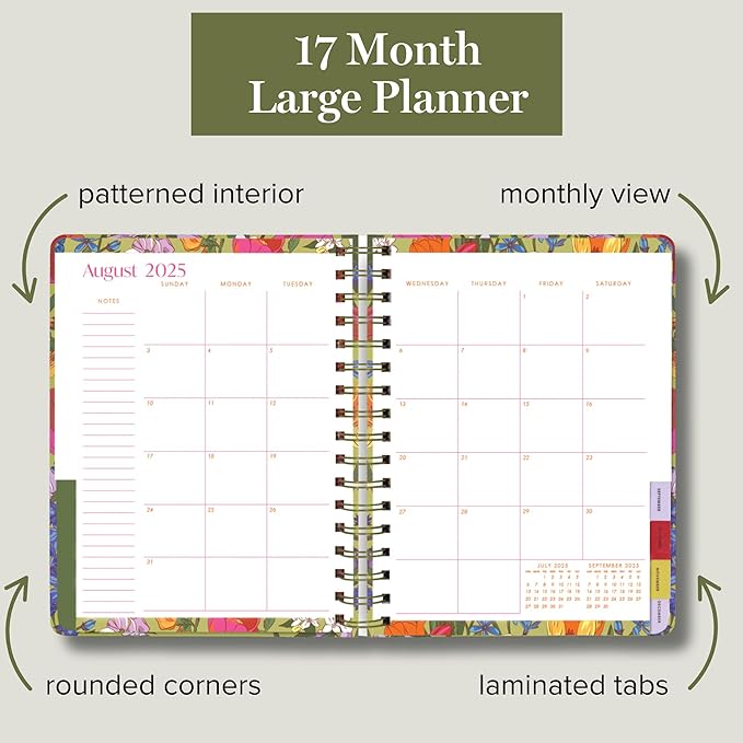 Vera Bradley 2025-2026 Large Planner Daily Weekly & Monthly, 17 Month Hardcover Agenda Dated Aug 2025-Dec 2026, Cute Planner with Stickers, Pockets, & Spiral Binding, Meadow Bouquet