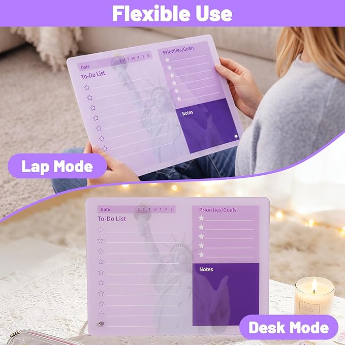 LeMotech Desktop Acrylic Dry Erase Board, 12x10 inches to-Do List Planner, Tabletop Whiteboard with Stand Office Supplies Includes 2 Markers & 1 Eraser, Purple Statue of Liberty Pattern, 1 Pack